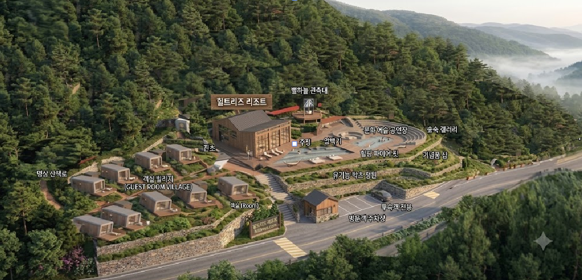 Original Hilltrees hillside concept showing the elongated site, roadside access and forest mountain setting